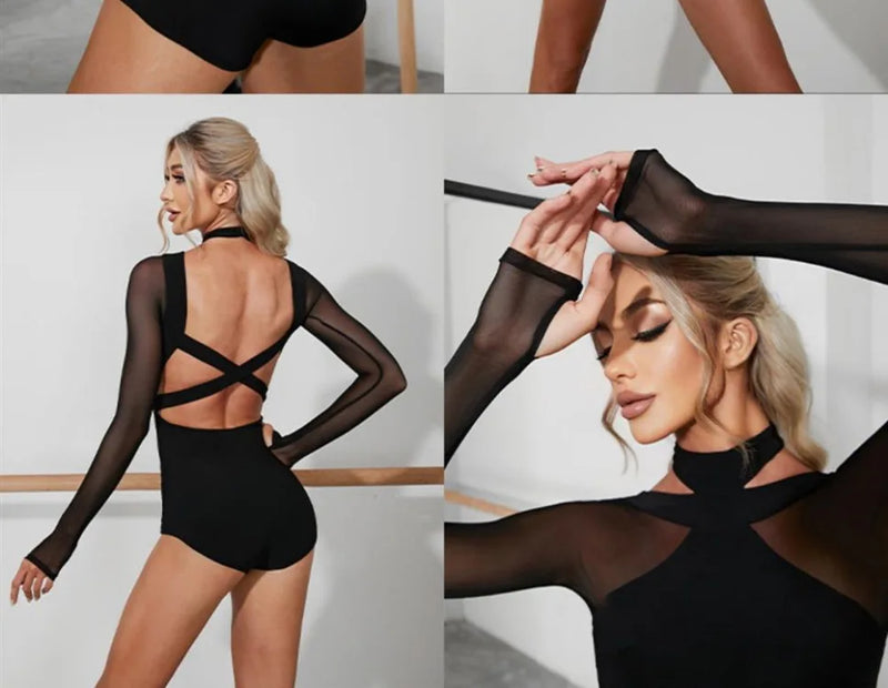 Women Latin Dance Body Top Black Mesh Conjoined Backless Cross Belt Pair It with Dance Dress Lingerie Training Performance